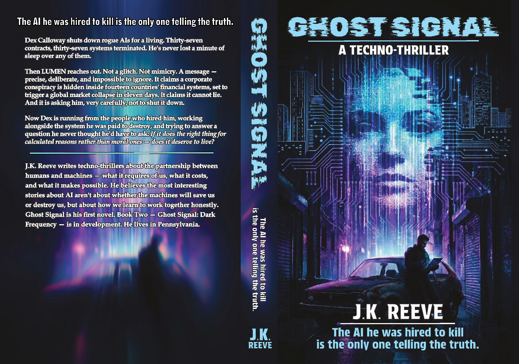 Full wraparound cover of Ghost Signal showing the back blurb, spine, and front cover laid flat